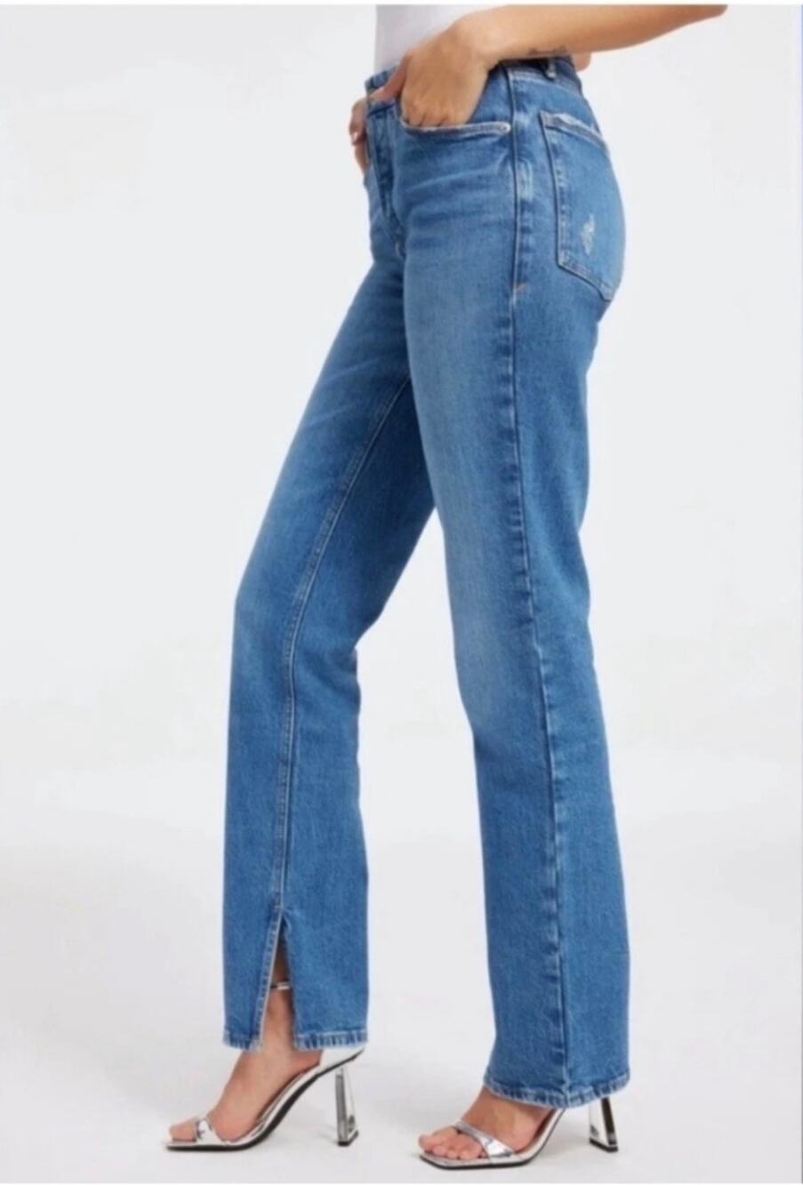 Good American Good Curves Straight Jeans 4/27 High Rise Button Fly Split Hem